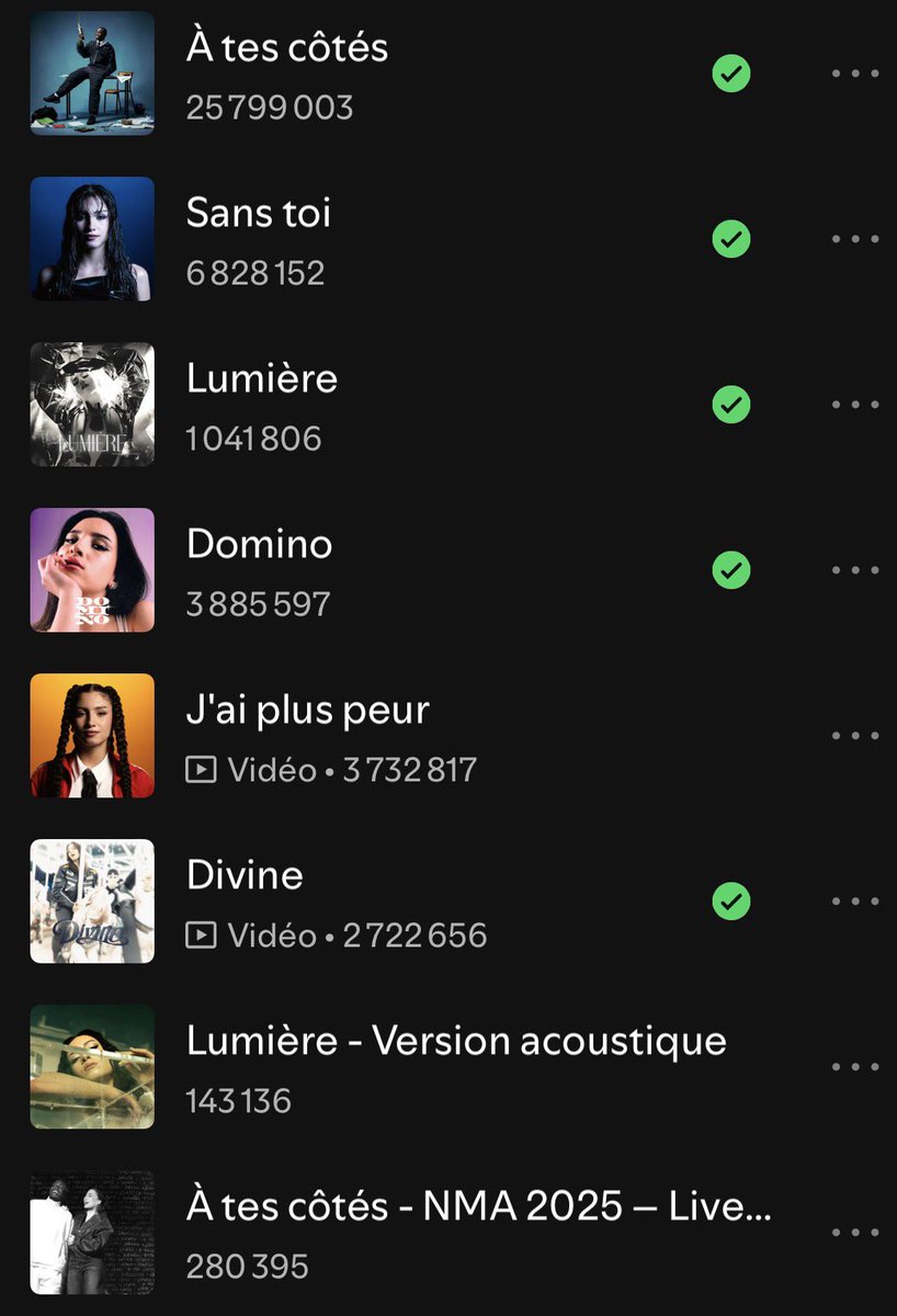 Les streams Spotify : #Lenie 💿
+25 189 — À tes côtés
+3 453 — Sans toi
+2 328 — Lumière
+2 155 — Domino
+1 690 — J’ai plus peur
+940 — Divine
+746 — Lumière (version acoustique)
+566 — À tes côtés (NMA 2025 Live)