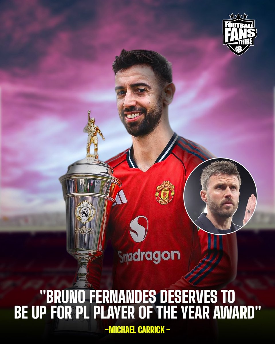 FansTribeHQ's tweet photo. Michael Carrick has only one person in mind for the Premier League Player of the Year Award 🥇 👀

#brunofernandes #michaelcarrick #championsleague https://t.co/ukgFfmsGpS