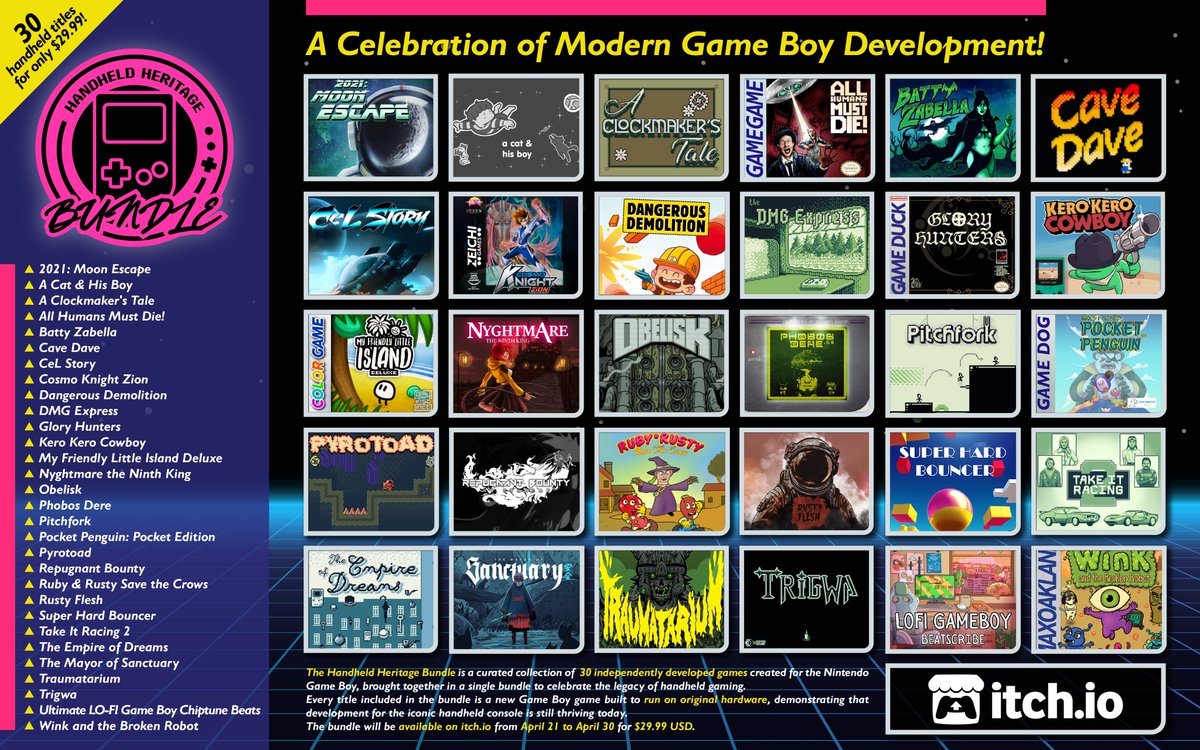 JAIWareUK's tweet photo. 🍴 Pitchfork is 1 of 30 games in the Handheld Heritage Bundle! Celebrate the legacy of the #GameBoy handheld, with Game Boy indies! #HHBundle
With over $170+ in value, get all 30 real Game Boy games for only $30 (Less than 2 days left!)
👉 https://t.co/NDSLwgMs6c
_
#indiegame https://t.co/bqutInpWqh
