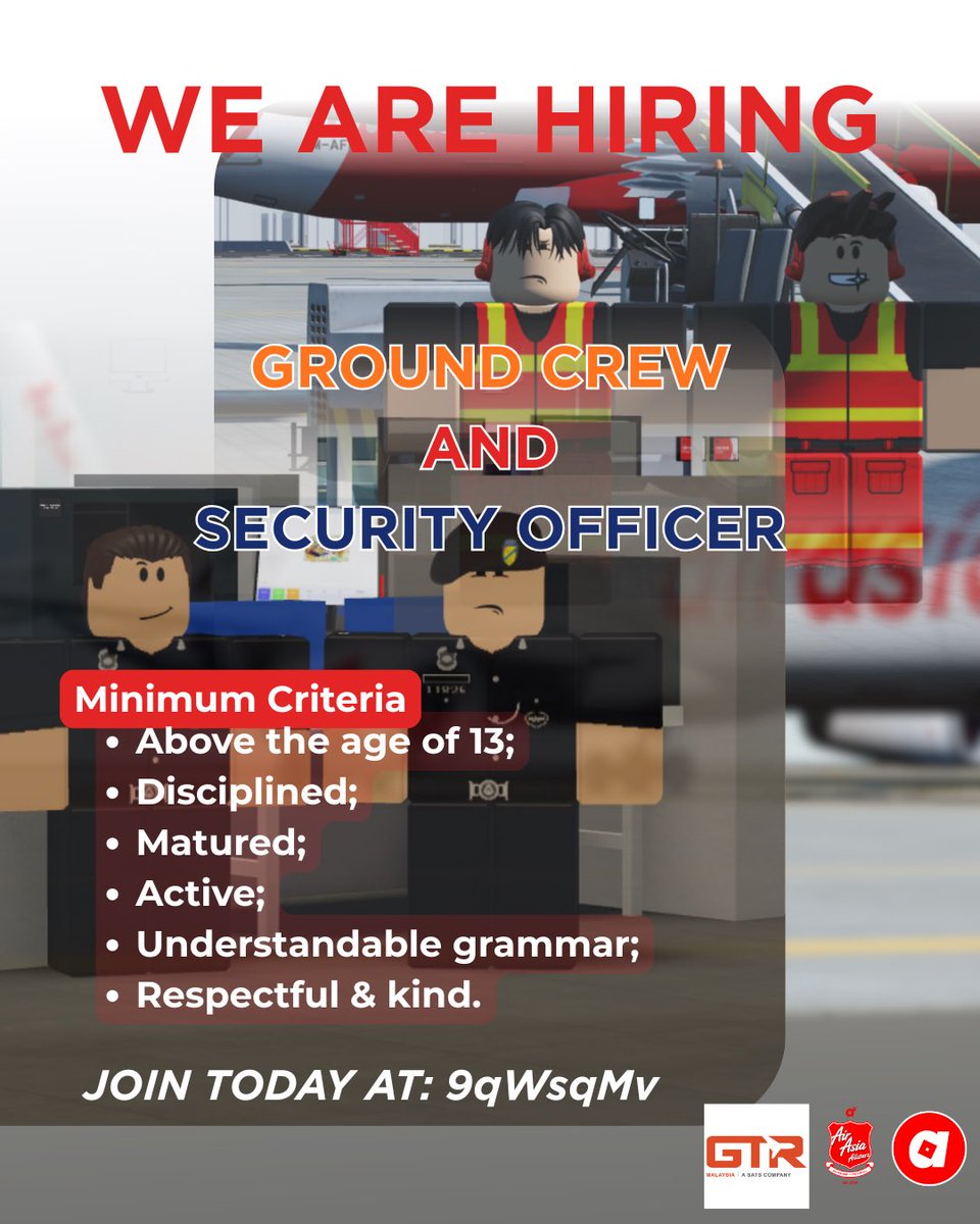 roblox_airasia's tweet image. Prefer working on the tarmac or security?  👮We are currently hiring all departments, join our Discord for more information! 🛫✨

#Roblox #RobloxDev #aviation #roaviation #hiring