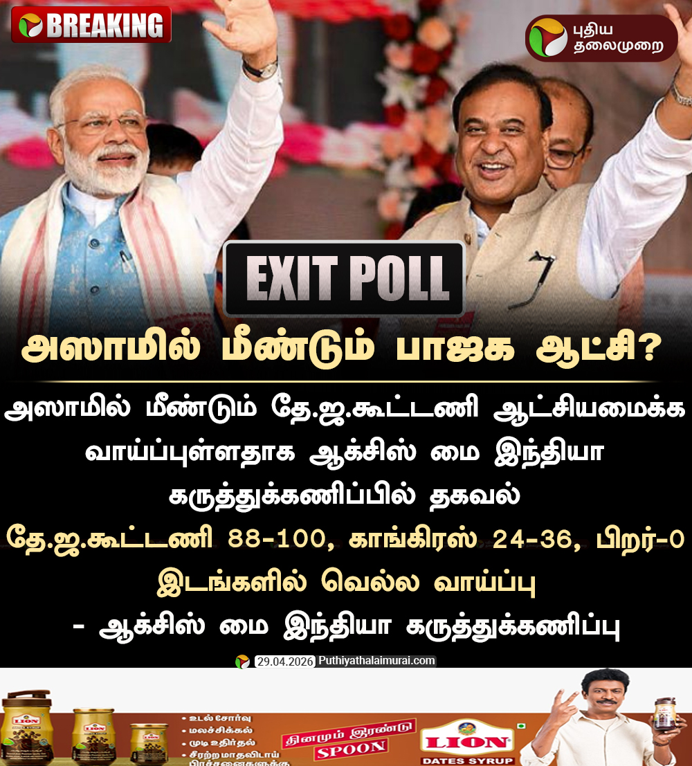 PttvNewsX's tweet image. #BREAKING | அஸாமில் மீண்டும் பாஜக ஆட்சி?

#BJP | #Assam | #AssamElection | #ExitPoll