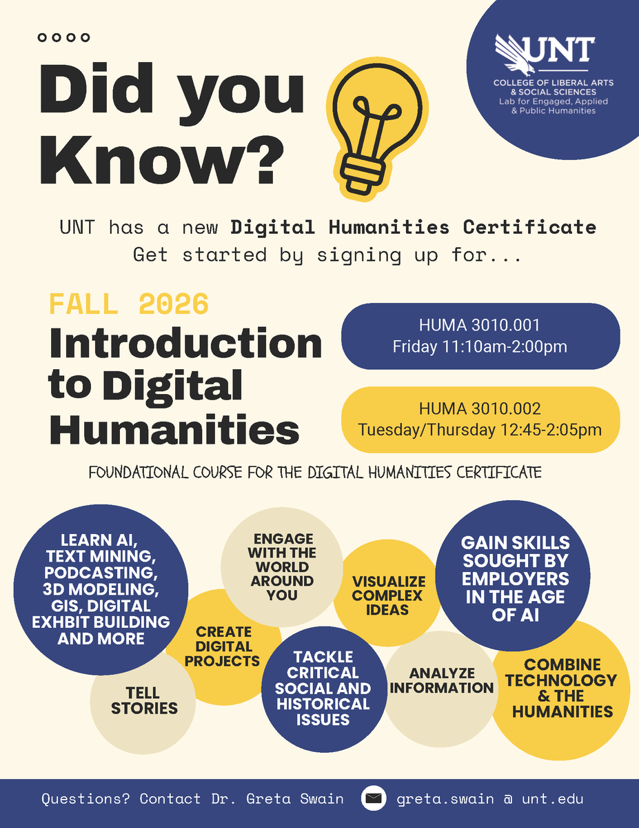 UNTCLASSadvisor's tweet photo. Looking for an advanced elective this Fall?

Consider Introduction to Digital Humanities! This course has no prerequisites and is open to students from any major. https://t.co/bSHglslqUW