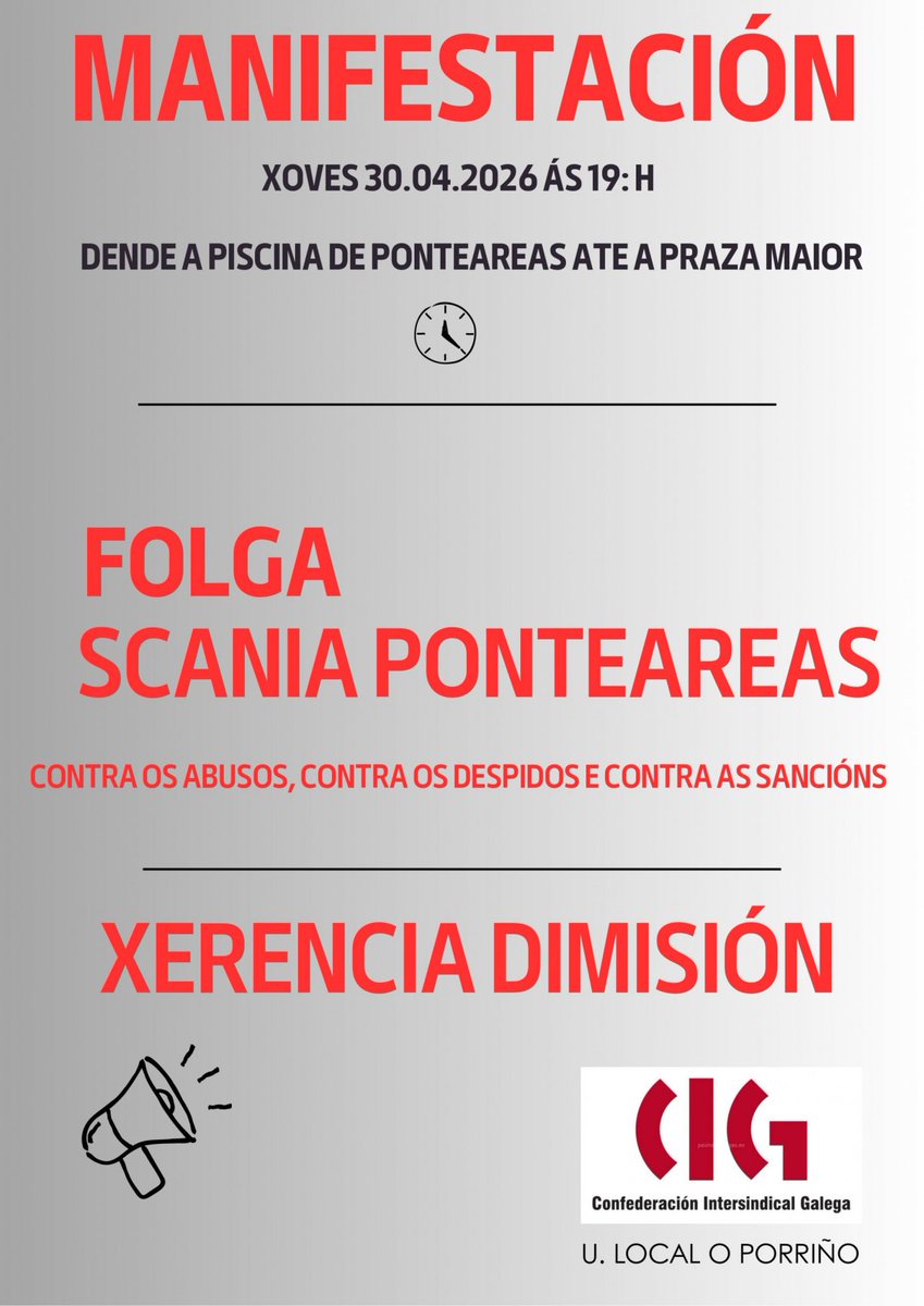 📌Folga e mobilizacións contra os despedimentos e o acoso laboral en SCANIA Ponteareas

👉A representación do persoal ten convocada unha semana de paros e unha manifestación este xoves día 30 para esixir a dimisión do xerente

ℹ️ i.gal/h0WfF

#Scania #Ponteareas