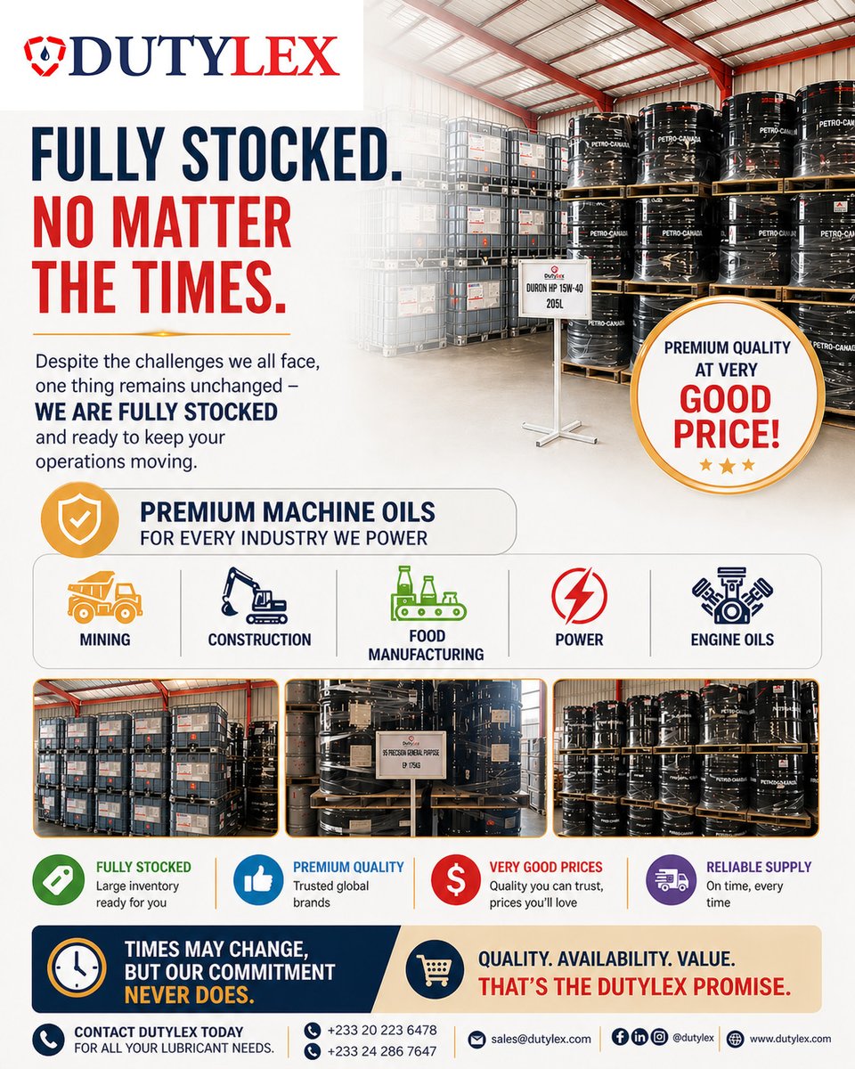 dutylex's tweet photo. Fully stocked and ready to deliver. While others face supply challenges, Dutylex continues to provide premium lubricants from Petro-Canada Lubricants across West, East &amp; Central Africa. Reliable supply when it matters most.

#Dutylex #ReliableSupply #PetroCanadaLubricants https://t.co/Ff6WVxUxxr