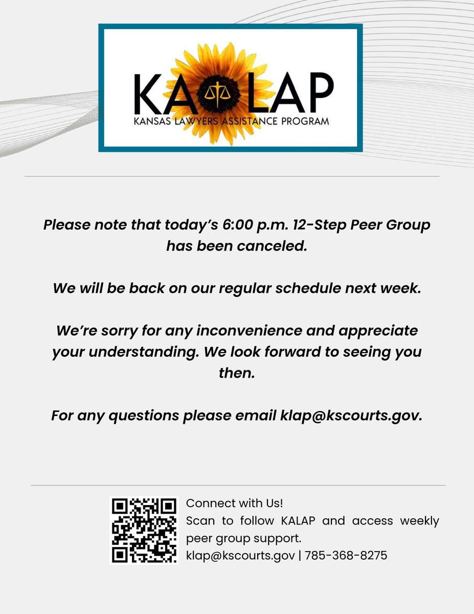 KansasLAP's tweet photo. ⚠ Please note: tonight’s 6:00 PM 12-Step Peer Group is cancelled. We’ll be back next week at our usual time—thank you for your understanding.

-The KALAP Team https://t.co/ogBrO5DiO0