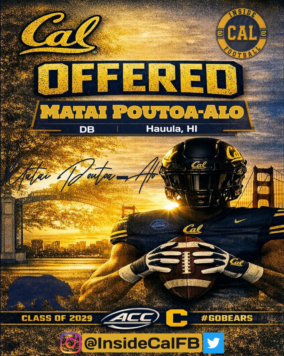InsideCalFB's tweet image. 📣 Recruiting News 🐻

Matai Poutoa‑Alo has received an offer from Cal.
The C/O ’29 defensive back from Kahuku High School - 6’2, 170 lbs, a versatile CB/SS/FS - continues to emerge as one of Hawai‘i’s most promising young defenders.

@Matai_Alo #GoBears #CalFootball