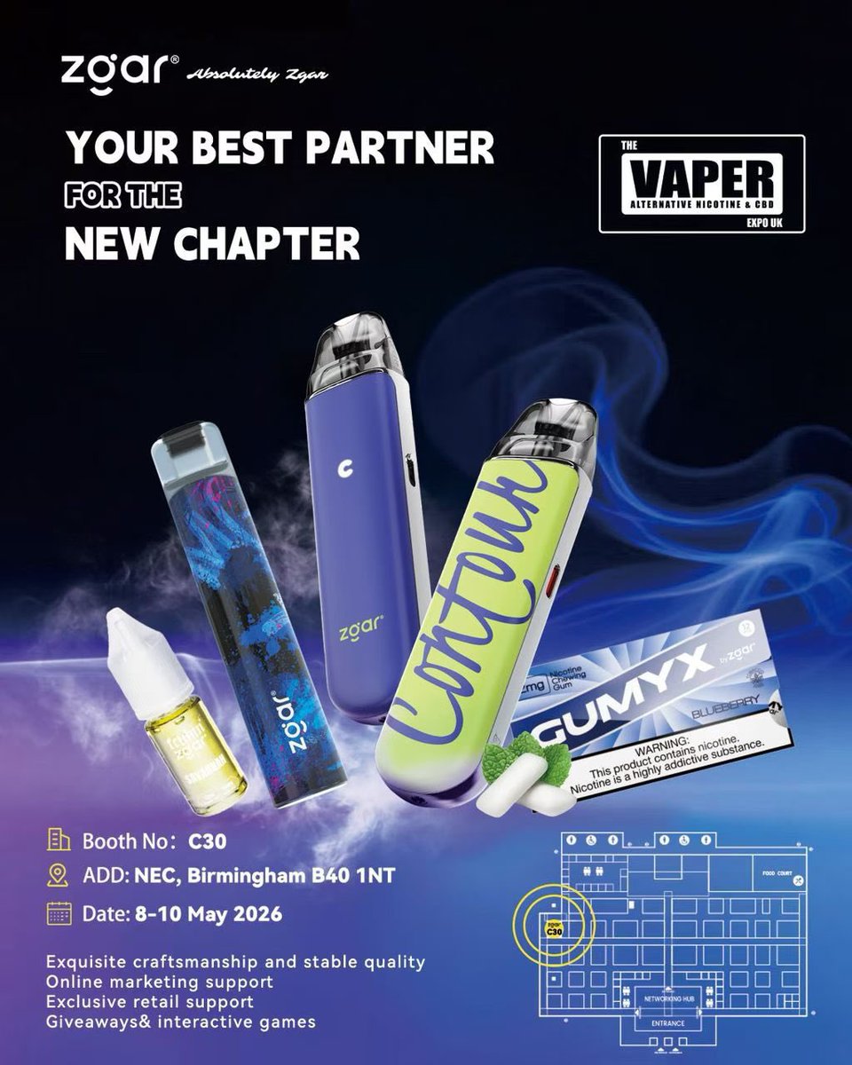Zgar_Vape's tweet photo. 英国，我们到了！🇬🇧✨

Zgar正式参加了 The Vaper Expo UK 2026，我们想见你。欢迎来到我们的展位，看看我们一直在做什么，亲身体验最新的蒸汽技术。

📍 地点：英国伯明翰NEC会展中心（NEC, Birmingham B40 1NT）
🏢展位：C30
🗓️ 时间：5月8日至10日

欢迎来打个招呼，让我们一起聊聊风味的未来！💨 https://t.co/3i2ICTV427
