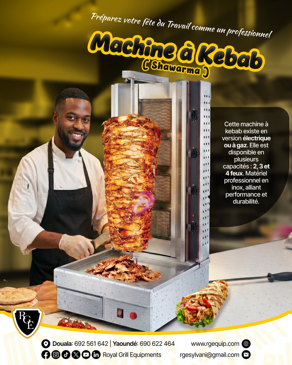 RoyalGrillEquip's tweet image. Bon appétit devant votre délicieux shawarma concocté par nos machine à kebab. 

Pour plus d’infos, rendez vous dans nos showromms à Douala 692 56 16 42 et Yaoundé 690 62 24 64 ou visiter notre site web rgequip.com

#RGE #Boulangerie #Cuisine #restaurant #Cameroun