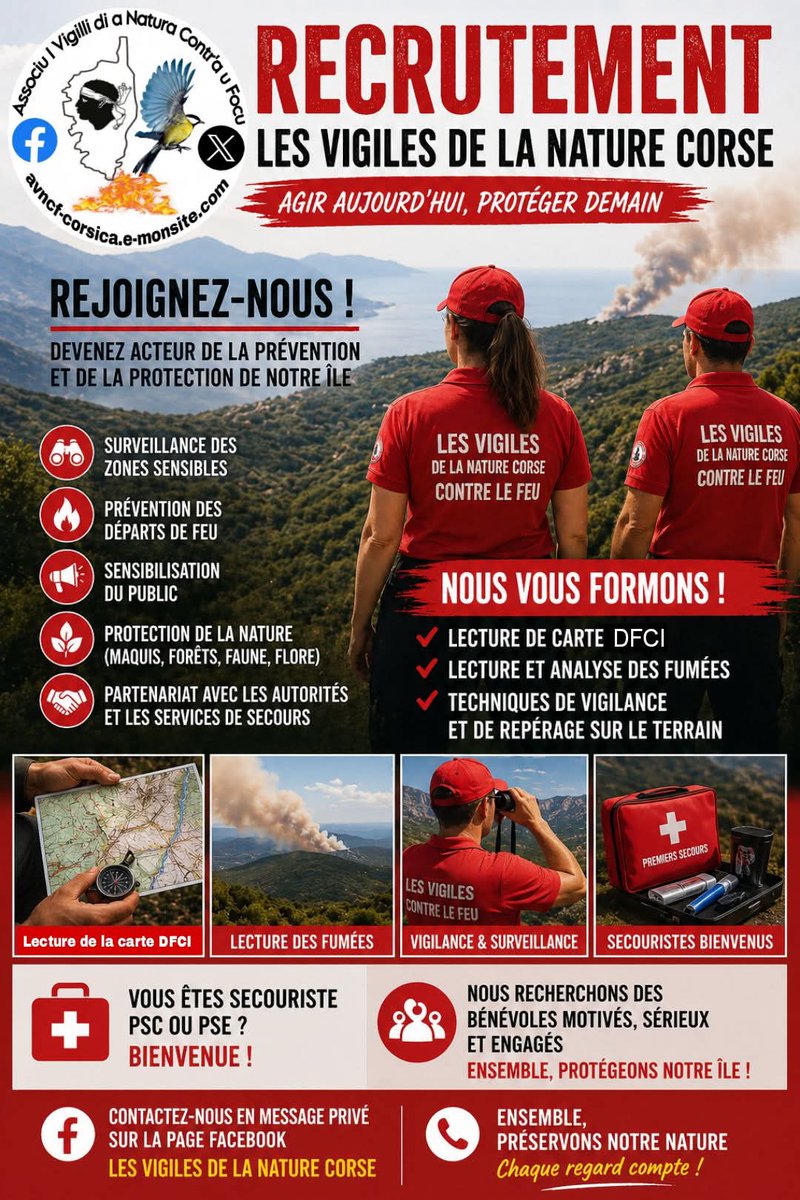 LesVigilesAVNCF's tweet photo. 🔥🌿 RECRUTEMENT – Les Vigiles de la Nature Contre le Feu.

Envie d’agir pour protéger notre île ? Rejoignez-nous !

🎓 Formation : carte DFCI, lecture de fumées, alerte &amp; transmission au CODIS

⛑️ PSC / PSE bienvenus
👥 Bénévoles motivés recherchés
📩 MP https://t.co/18SSW49pOG