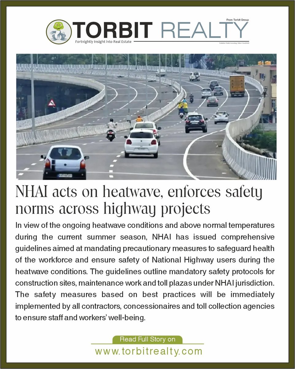 torbitrealty's tweet image. National Highways Authority of India enforces safety norms across highway projects amid rising heatwave condition.

Click the link to read more: torbitrealty.com/nhai-acts-on-h…

#NHAI #Infrastructure #Highways #Safety #Heatwave #IndiaInfrastructure