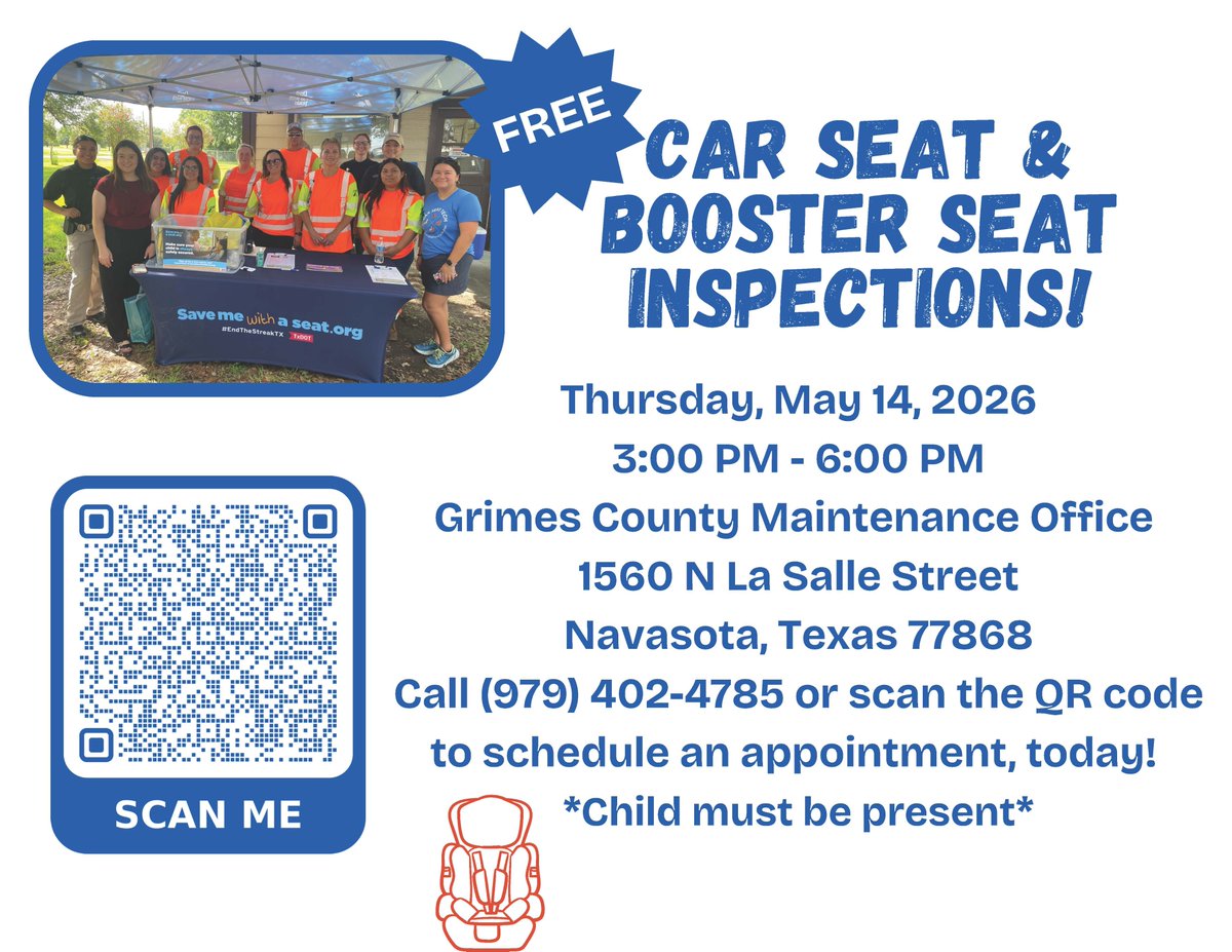 TxDOTBryan's tweet photo. 🚗Grimes County Parents! Get your seats checked by certified techs!  
📆 April 23rd | 📍Grimes Co. Maintenance Section
📞(979)402-4785 or 📱scan the QR to book. https://t.co/52UUe3MRgk