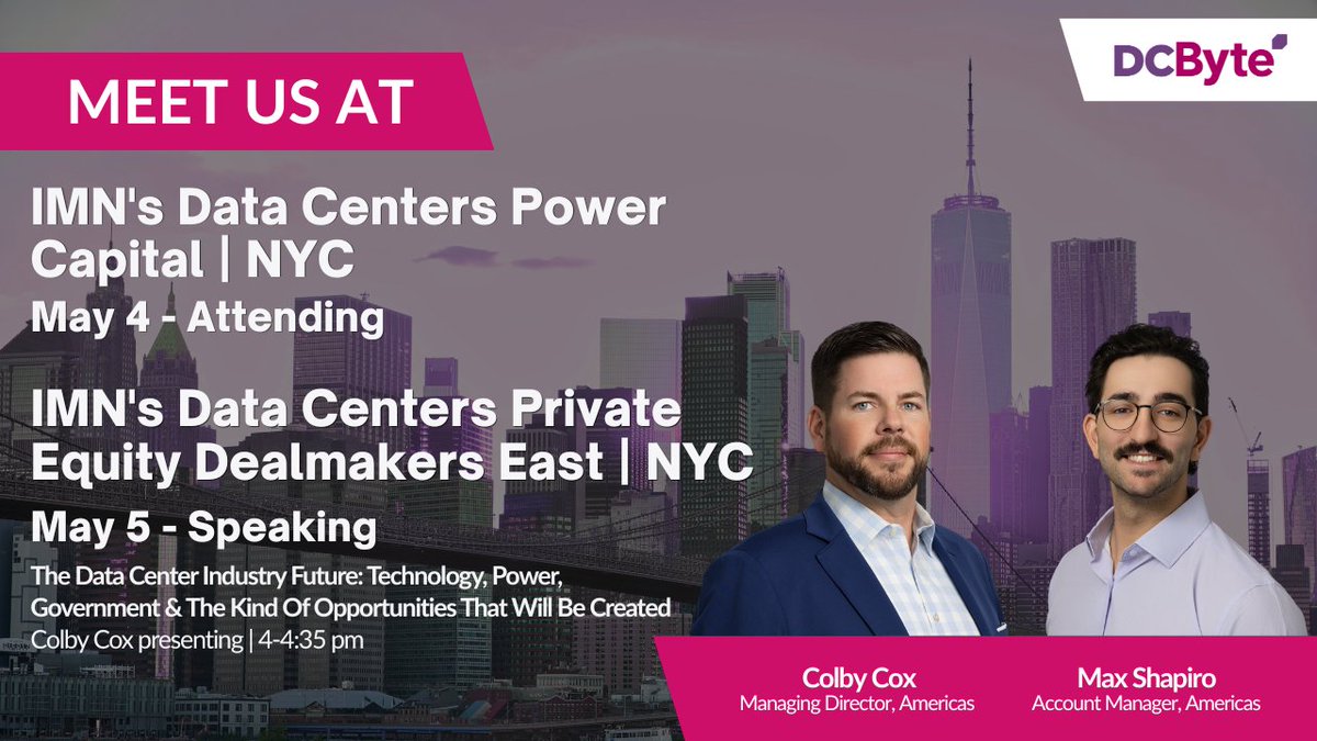 Americas MD Colby Cox is presenting at IMN's Data Centers Private Equity Dealmakers East on "The Data Center Industry Future: Technology, Power, Government &amp; The Kind Of Opportunities That Will Be Created."

Max Shapiro, Account Manager, will also be attending. See you there!