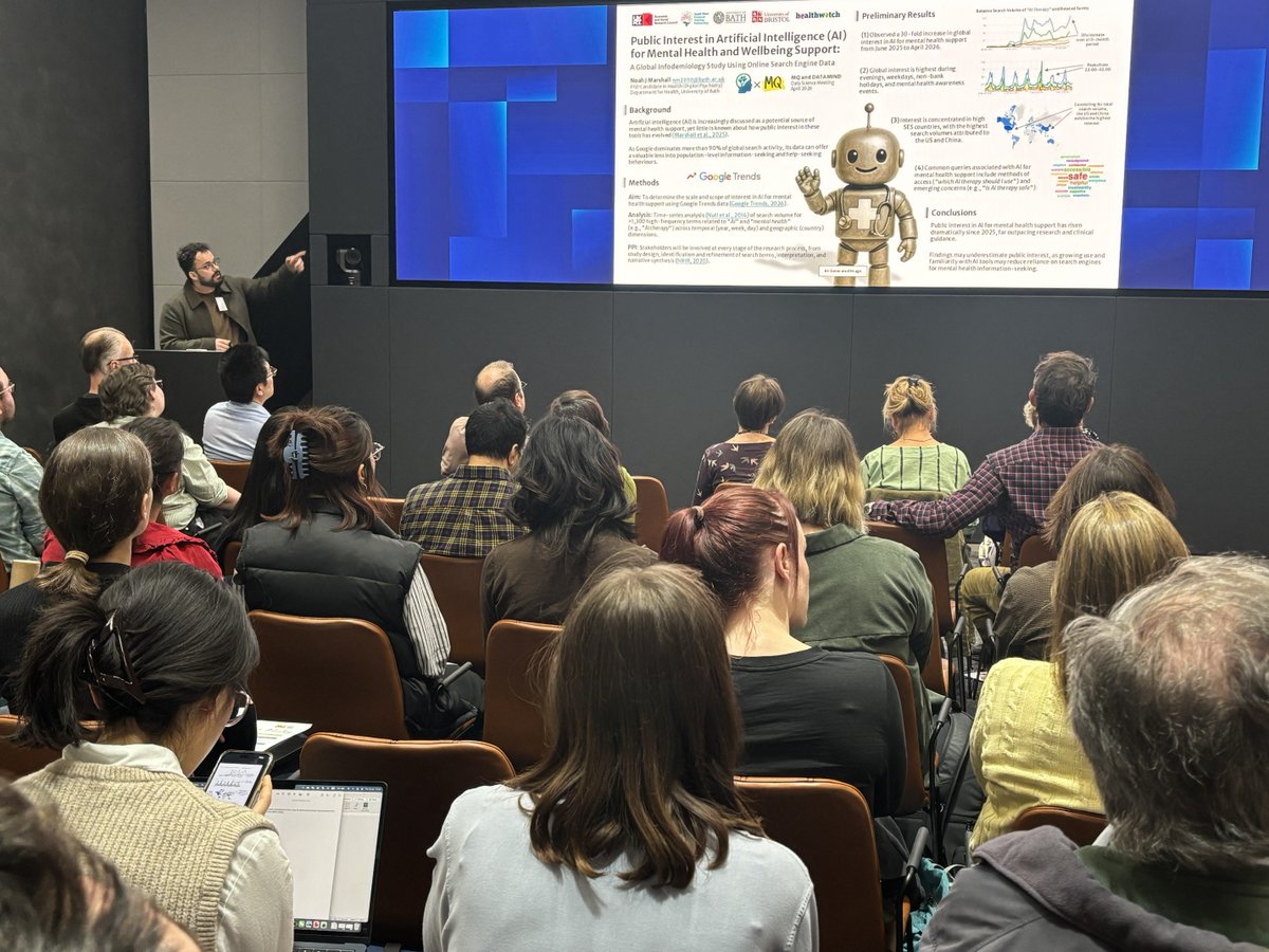 MQmentalhealth's tweet photo. What does public search behaviour tell us about AI and mental health support?

Research shared at the at the MQ &amp; DATAMIND UK #DataScience meeting shows analysing online search behaviour provides a rapid and scalable means to identify emerging public mental health needs. https://t.co/aWOHLfjsKe