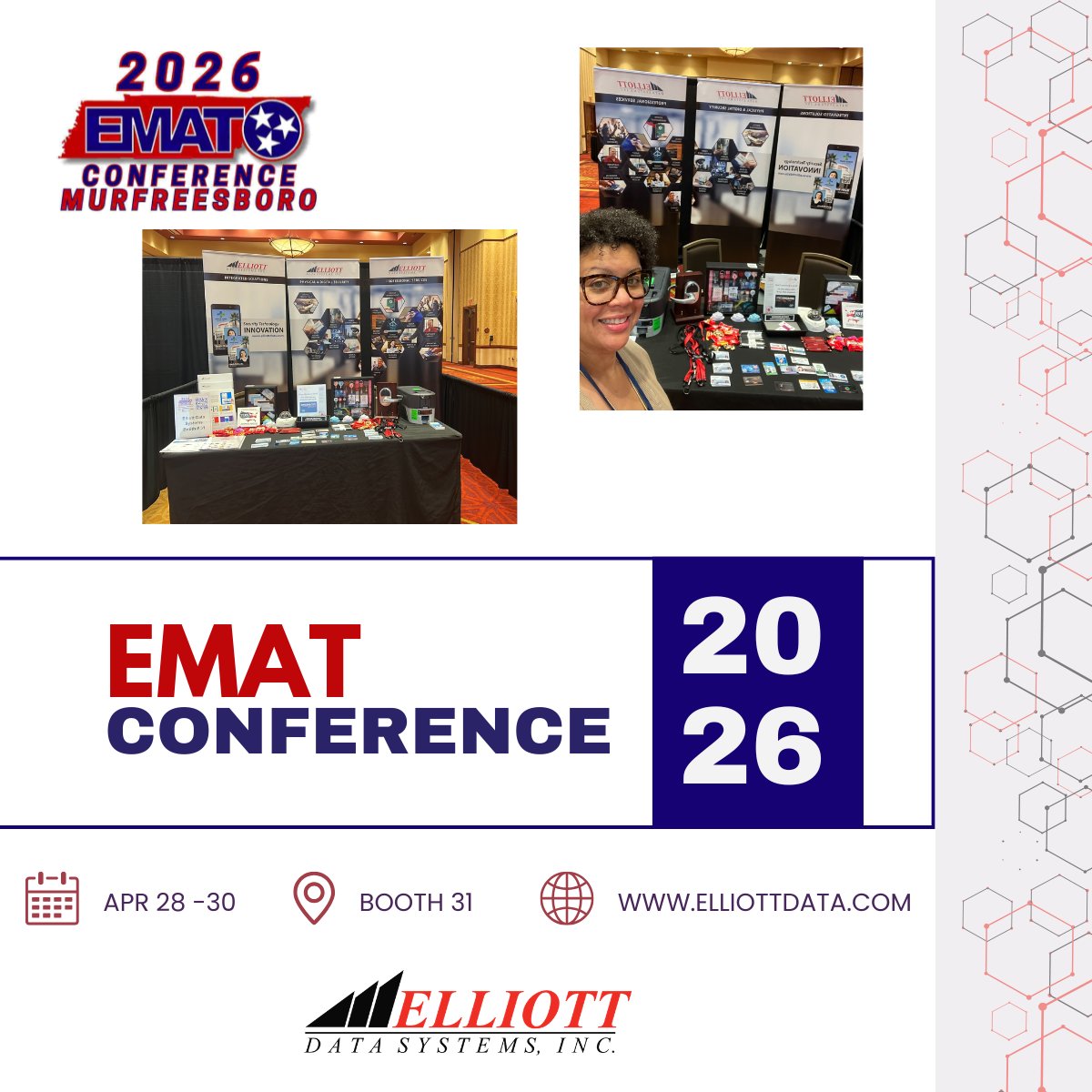 ElliottData's tweet photo. The EMAT Conference is in full swing! Visit the Elliott Data Systems exhibit at booth 31 to view the latest identification, tracking and accountability solutions and learn firsthand how these tools will benefit your department or agency. https://t.co/qSGkXCRUux