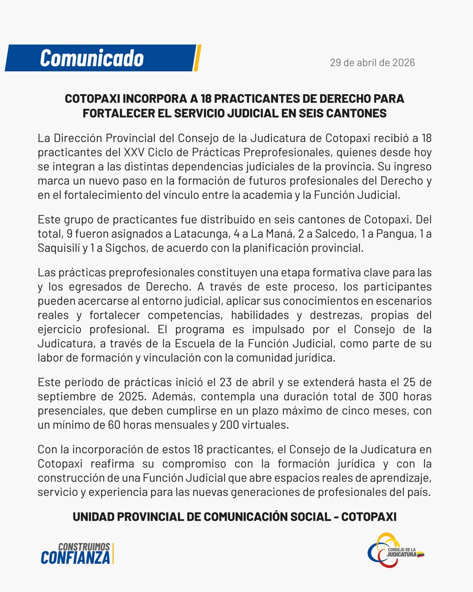 CotopaxiCJ's tweet image. 📰 | #Comunicado 

#Cotopaxi incorpora a 18 practicantes de Derecho para fortalecer el servicio judicial en seis cantones

Más información aquí ➡️acortar.link/pKILSw

#ConstruimosConfianza🤝