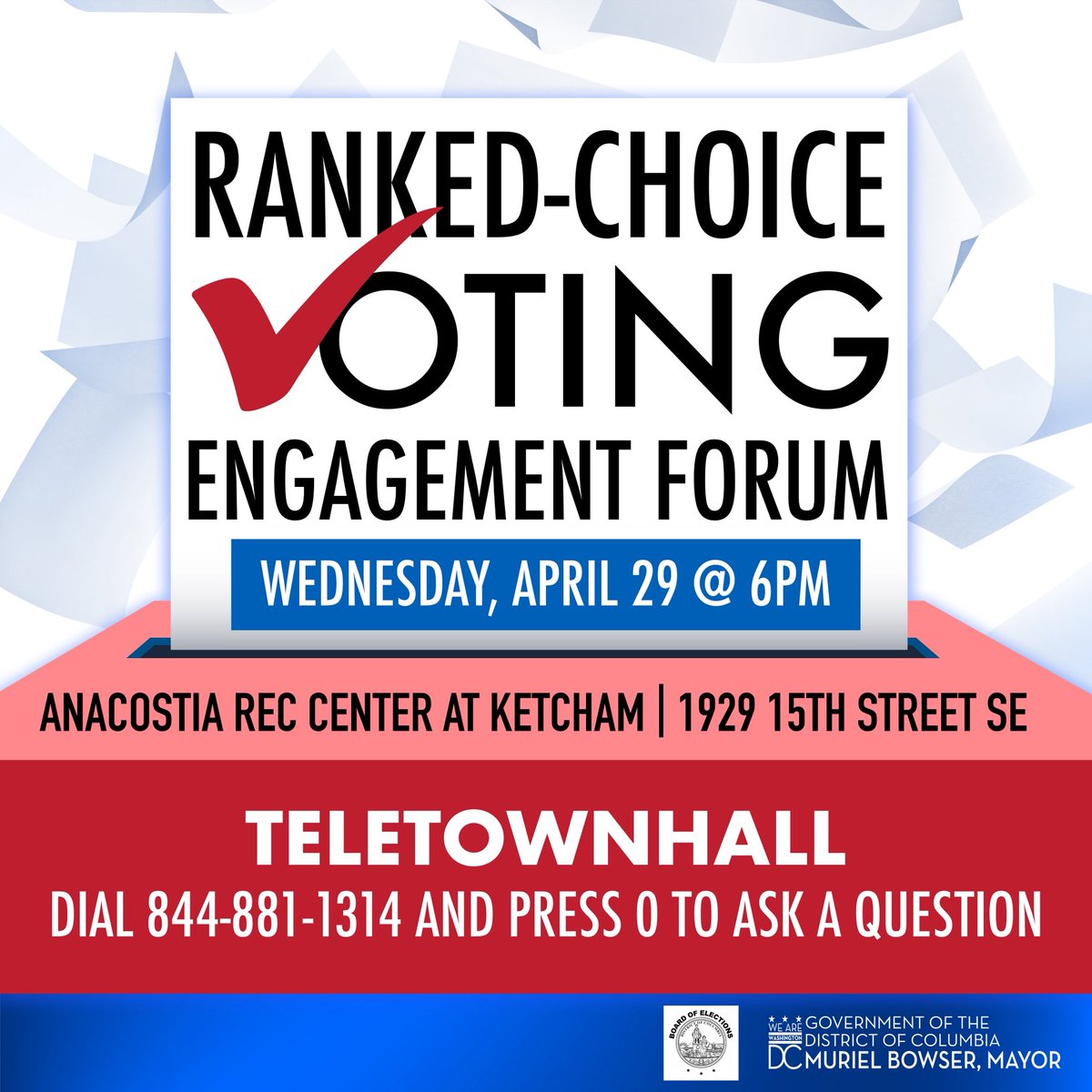 MOCCADC's tweet photo. Ranked Choice Voting is coming!   Learn the facts.   Mayor Muriel Bowser and the Board of Elections invite residents to an informational forum to learn more about rank choice voting!  

During the session, residents will hear from election experts, and get hands on access https://t.co/tF0YnRWYJg