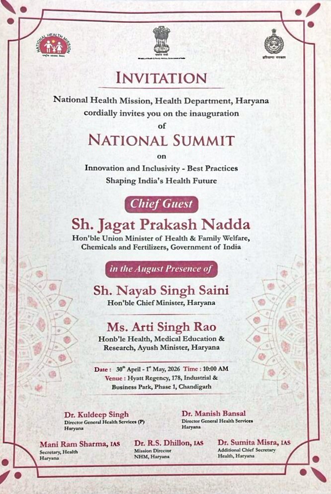 राष्ट्रीय स्वास्थ्य मिशन, हरियाणा द्वारा आयोजित “National Summit on Innovation and Inclusivity” के उद्घाटन अवसर पर केंद्रीय स्वास्थ्य मंत्री श्री जगत प्रकाश नड्डा जी एवं हरियाणा के यशस्वी मुख्यमंत्री श्री नायब सिंह सैनी जी का हार्दिक स्वागत एवं अभिनन्दन। <a href="/narendramodi/">Narendra Modi</a> <a href="/JPNadda/">Jagat Prakash Nadda</a>