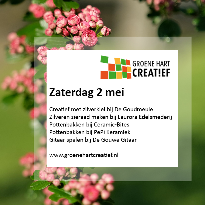 Zaterdag 2 mei
9.30: Pottenbakken - Ceramic-Bites
10.00: Creatief met zilverklei - De Goudmeule
13.30: Pottenbakken - PePi Keramiek
14.00: Zilveren sieraad maken - Laurora Edelsmederij
16.00: Workshop Gitaarspelen - De Gouwe Gitaar
Kijk voor meer op groenehartcreatief.nl