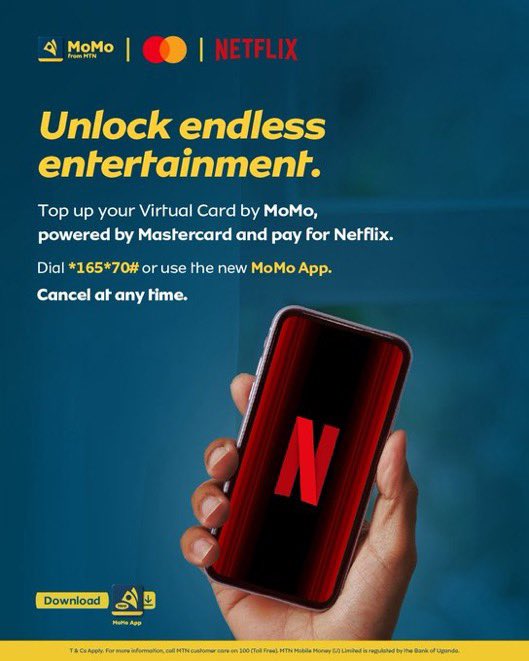 Keep your streaming uninterrupted. Use #VirtualCardByMoMo to pay for Netflix, Spotify, and online services with ease.

Get yours via *165*70# or use the #MTNMoMo App