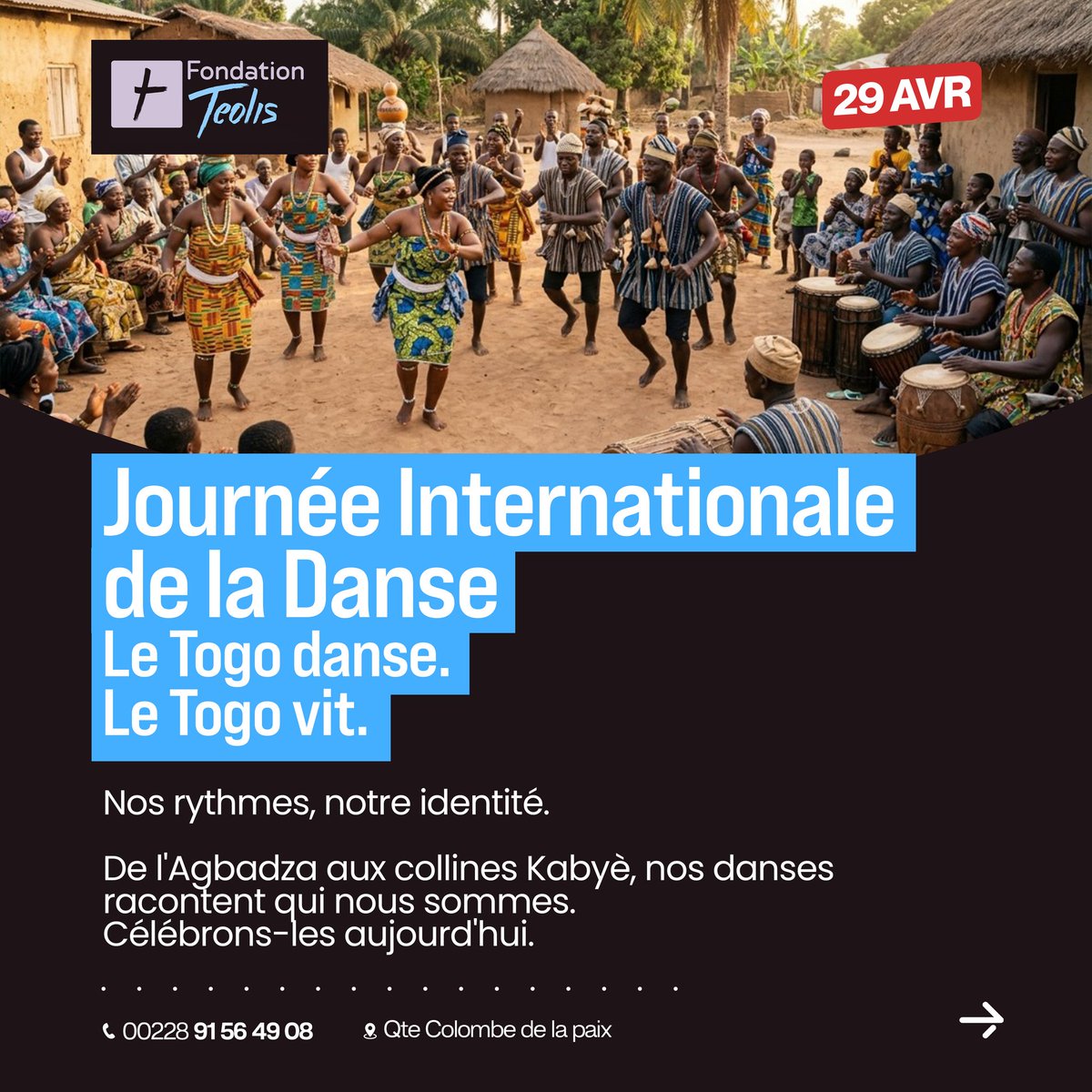 FondationTeolis's tweet photo. 💃𝗝𝗼𝘂𝗿𝗻𝗲́𝗲 𝗜𝗻𝘁𝗲𝗿𝗻𝗮𝘁𝗶𝗼𝗻𝗮𝗹𝗲 𝗱𝗲 𝗹𝗮 𝗗𝗮𝗻𝘀𝗲

Le Togo danse.
Le Togo vit.

Nos rythmes racontent notre histoire,
notre identité, notre fierté.

De l’Agbadza au Kamou, en passant par l’Akpesse et l’Atsia,
chaque danse est une mémoire vivante de notre culture https://t.co/vPgiXHDwyJ
