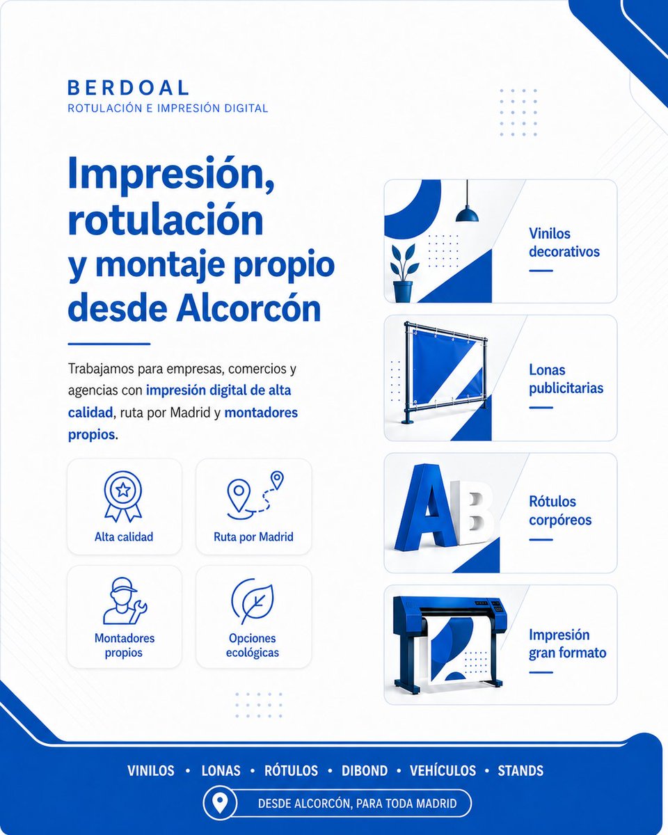 BERDOAL1's tweet photo. En Berdoal damos forma a proyectos que necesitan verse bien, durar y representar a cada marca.

Contamos con impresión digital de alta calidad, ruta por Madrid y montadores propios, lo que nos permite cuidar cada fase del proceso: desde la producción hasta la instalación final. https://t.co/9FpBps9fS5