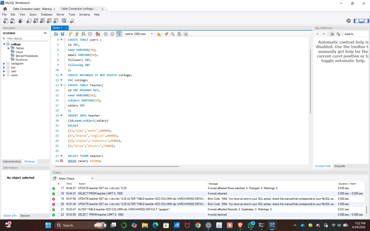 AnmolPandey1707's tweet image. Not just learning… actually building 💻🔥

Solved an SQL assignment today:
• Created tables
• Altered columns
• Applied concepts in real scenarios

From theory → practical 🚀
Day 23 of my AI/ML journey

#SQL #AIJourney #BuildInPublic #DataScience #LearningByDoing