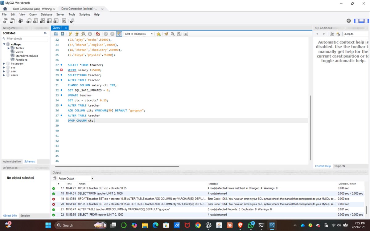AnmolPandey1707's tweet image. Not just learning… actually building 💻🔥

Solved an SQL assignment today:
• Created tables
• Altered columns
• Applied concepts in real scenarios

From theory → practical 🚀
Day 23 of my AI/ML journey

#SQL #AIJourney #BuildInPublic #DataScience #LearningByDoing