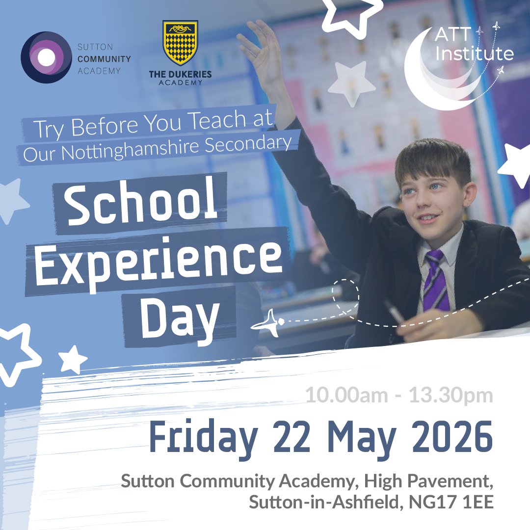 ATTInstitute's tweet image. Want to try before you teach? ✈️
Come &amp;amp; spend the morning at @SuttonAcademy on 22nd May &amp;amp; see secondary life in action!
Meet staff, observe lessons &amp;amp; learn about #TeacherTraining with @AcademyTrust.
Find out more &amp;amp; book: tinyurl.com/5ar77cdu
#GetIntoTeaching #TrainToTeach #ITT