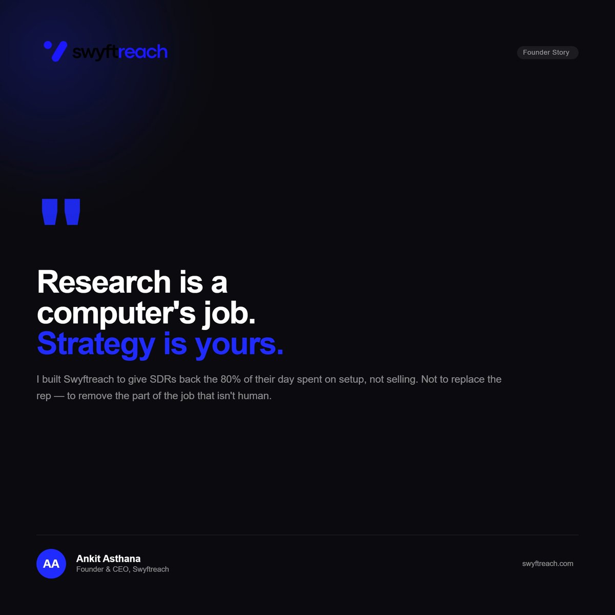 growthkab's tweet image. I spent 3 years on outbound. 90 minutes of research before every email.
I had good instinct but 80% of my day was setup, not strategy. I built Swyftreach to give that 80% back. To remove the part of the job that isn't selling. Research is a computer's job.

#sales #sdr #b2b