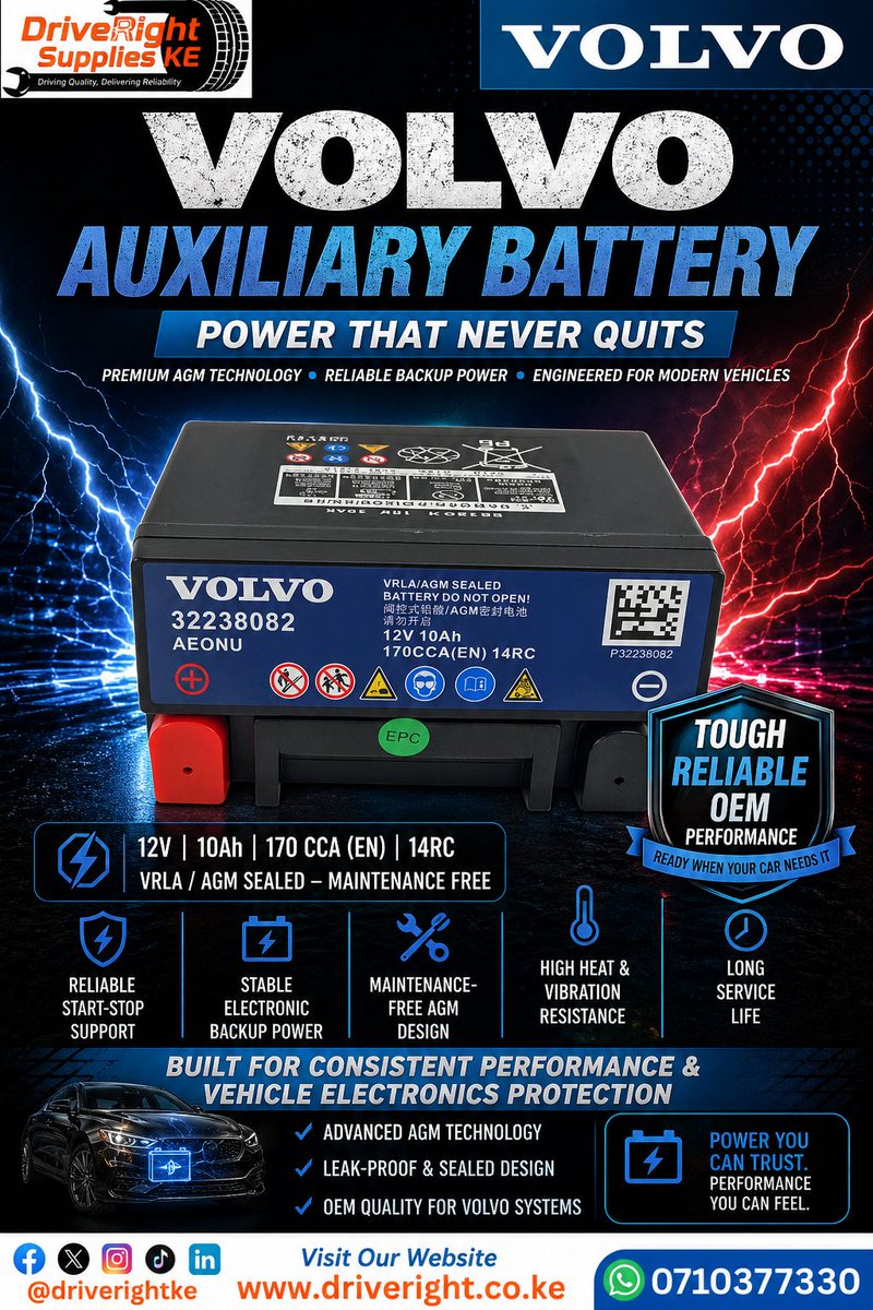 DriveRightKE's tweet photo. Keep your Volvo’s electronics running smoothly with a high-quality auxiliary battery. Designed to support advanced vehicle systems, it ensures consistent performance, safety, and efficiency.

Call: 0710 377 330
Shop: https://t.co/ufgdbAfWzX

#AuxiliaryBattery #DriveRightKE https://t.co/xDoLeF9QuG