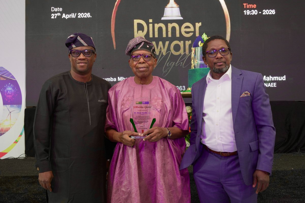 IESLGLOBAL94's tweet photo. Dr. Diran Fawibe Receives Distinguished Fellowship of Nigerian Association For Energy Economics. (NAEE), Proposes Academy of Energy Economics for Nigeria

Distinguished Fellows of NAEE, eminent personalities in the house, distinguished ladies and gentlemen. https://t.co/u3mYGGTGa2