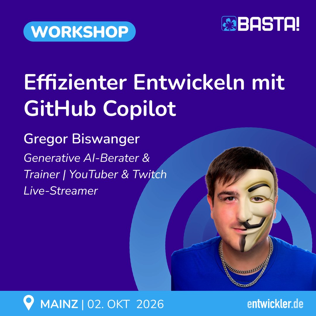 BASTAcon's tweet photo. 🤖 Coding mit KI – praktisch statt theoretisch.

@BFreakout zeigt auf der #bastacon, wie Du GitHub Copilot sinnvoll in Deinen C#-Workflow integrierst.

⚙️ C# Hands-on
⚡ Mehr Produktivität
👥 KI als Pair Programmer

📅 Freitag, 02.10.2026 

🔗 https://t.co/Mb5i5EOmhw

#AI #dotnet https://t.co/c9ndwSaYbX