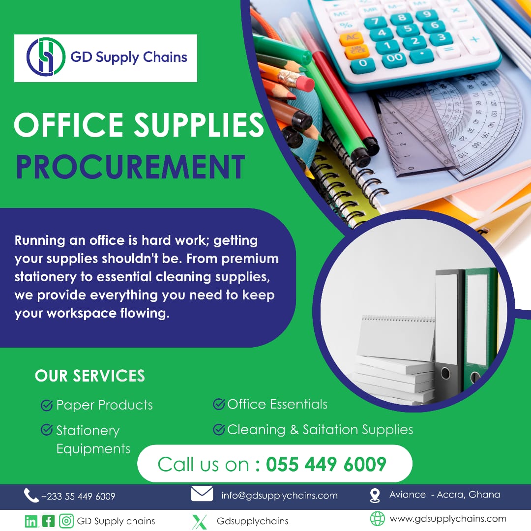 Gdsupplychains's tweet photo. At GD Supply Chains, we make procurement easy so your workspace stays flowing. From premium stationery to essential cleaning supplies, we deliver everything your office needs to succeed.
Visit https://t.co/W3WJ9KHoLV to get started today.
+233 55 449 6009 https://t.co/4yxaOovJmG