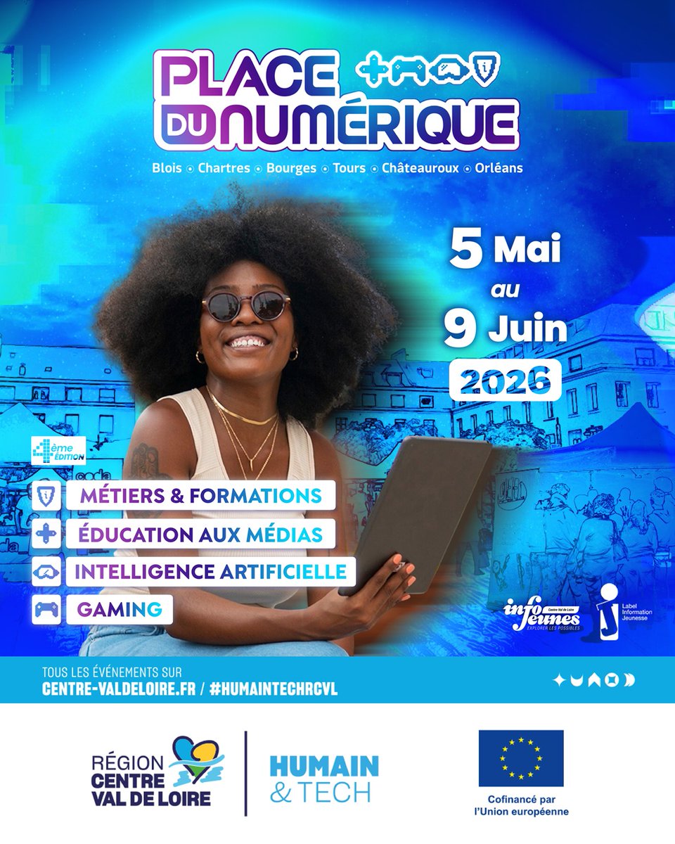 RCValdeLoire's tweet photo. #Numérique 🛜 #HumainTechRCVL
📣 Place du numérique est de retour ! 👋

🗓️ Du 5 mai au 9 juin, dans 6 villes du territoire, découvrez notre événement gratuit et ouvert à toutes et tous : métiers et formations, IA, jeux vidéo, usages responsables, ateliers interactifs… ⤵️ https://t.co/kOvsGWtSno