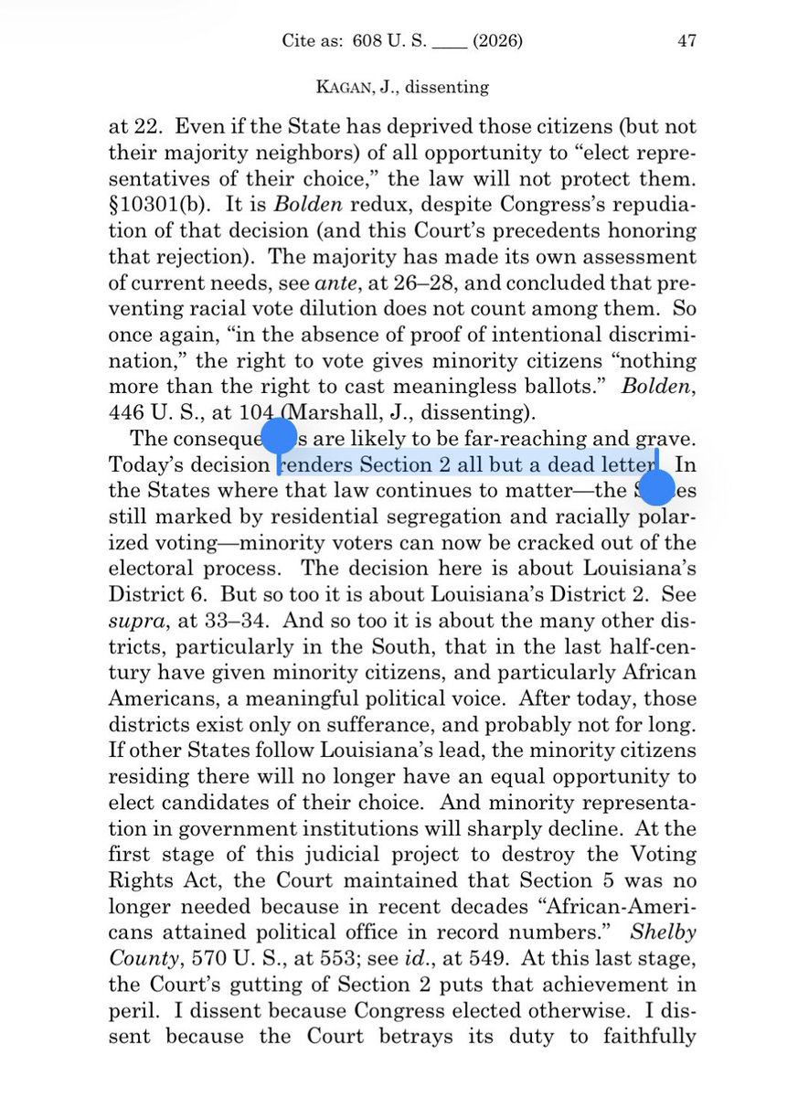 Justice Kagan writes in her dissent that the Supreme Court’s decision in Louisiana v Callais “enters Section 2 all but a dead letter”

The court’s decision could pave the way for southern states to draw out majority Black congressional districts.