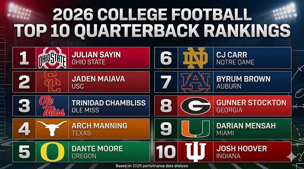 ReportBulldawg's tweet image. My 2026 Top 10 College Football QBs 

Who is too high? Who is too low? Who did I miss?

#CFB | #CollegeFootball