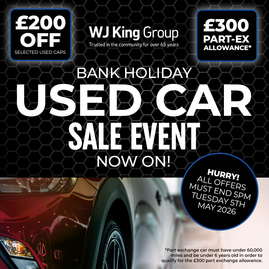 WJKingGroup's tweet image. £200 off selected used cars + £300 extra part exchange at WJ King Group — on NOW until 5pm Tuesday 5th May. Don't miss out. 🚗

👉 wjking.co.uk/bank-holiday-u…

#WJKing #UsedCars #CarDeals #PartExchange