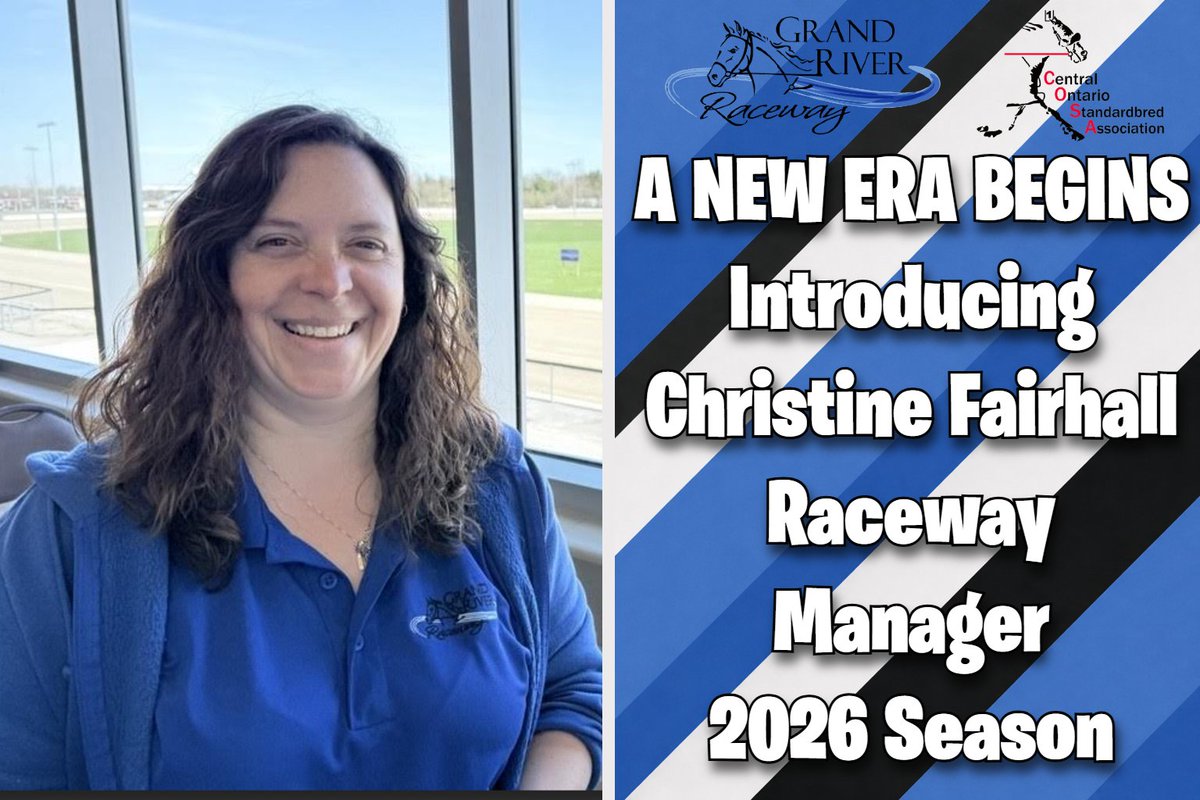 COSATV's tweet photo. Grand River Raceway names Christine Fairhall as Raceway Manager ahead of the 2026 season
With 30+ years in harness racing and deep roots in the sport, Fairhall steps into the role after more than a decade with the team.
Opening night: June 3 (6:20 p.m.) https://t.co/MB7HY6ik3t