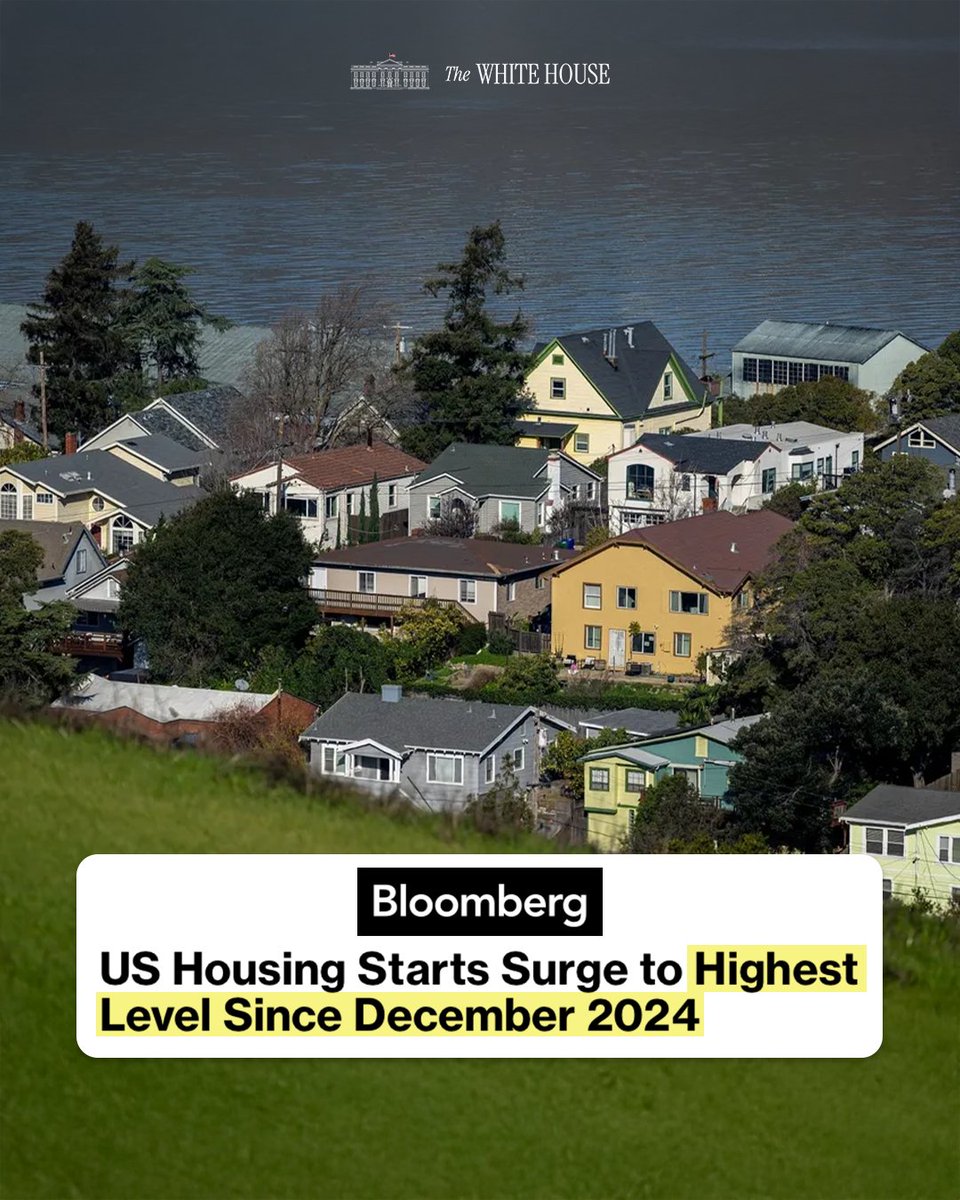 WhiteHouse's tweet image. 🏠 NEW: US Housing Starts Surge to Highest Level Since December 2024

WE'RE BUILDING AGAIN 🇺🇸