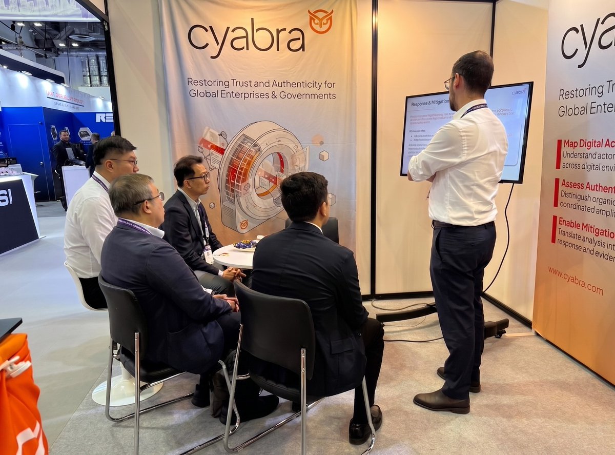 TheCyabra's tweet image. Tomorrow is the last day of #Milipol TechX Singapore.  Don't miss your chance to meet the Cyabra team!

Come visit us at Booth L1-R18 to see Cyabra's solution in action and understand how we help governments map actors, behaviors, and content to restore trust and authenticity
