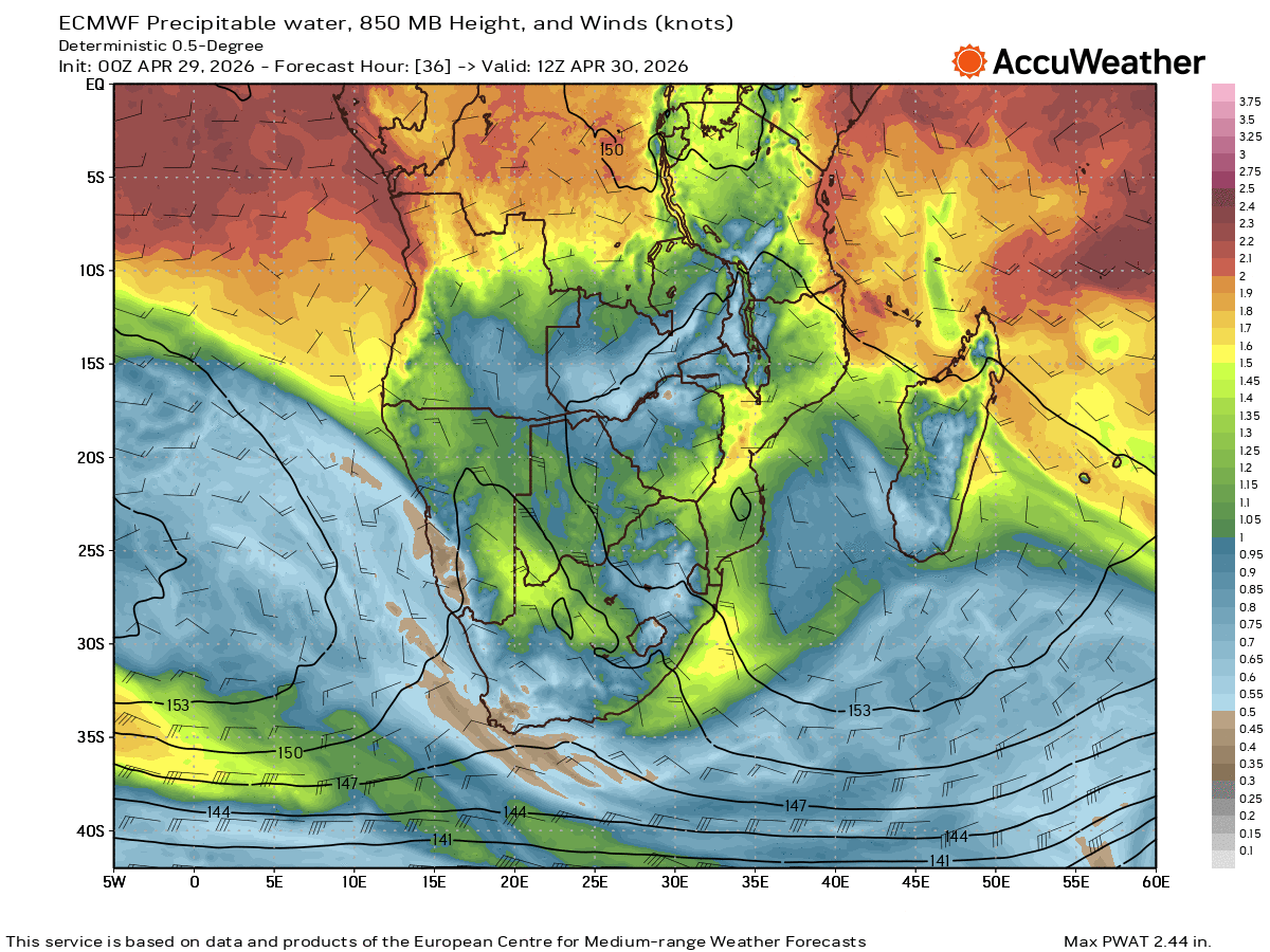 jnmet's tweet image. A strong shortwave, elevated PWATs and Water Vapor Flux will bring the risk for heavy rain and flash flooding to southwest #Botswana, central #SouthAfrica and #Lesotho Wednesday night and Thursday, local time.
