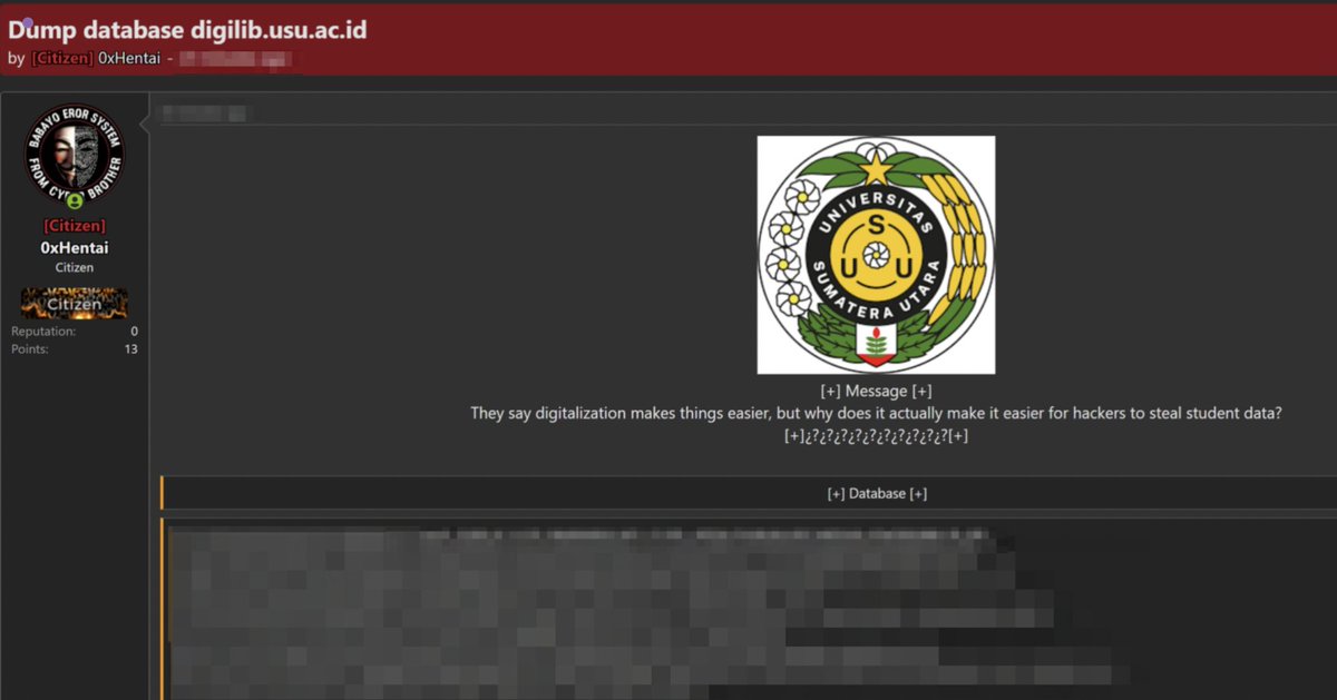 DailyDarkWeb's tweet photo. 🇮🇩 Indonesian University Database Allegedly Leaked

A threat actor on an underground forum is claiming to have leaked a database allegedly linked to https://t.co/1g0iHJWBbw, associated with Universitas Sumatera Utara in Indonesia.

The exposed sample appears to contain:

student names
email addresses
phone numbers
physical addresses
dates of birth

The actor frames the leak as a compromise involving student-related digital library or academic records.

At this stage, the authenticity and full scope of the dataset remain unverified.

If confirmed, exposure of student information could create risks involving:

identity theft
phishing campaigns
academic fraud
targeted social engineering

Educational institutions continue to remain frequent targets due to large centralized repositories of personal data and often limited security resources.

DDW is monitoring for additional validation and technical confirmation.

#CyberSecurity #DataLeak #Indonesia #Education #ThreatIntel #DarkWeb #Infosec #DDW