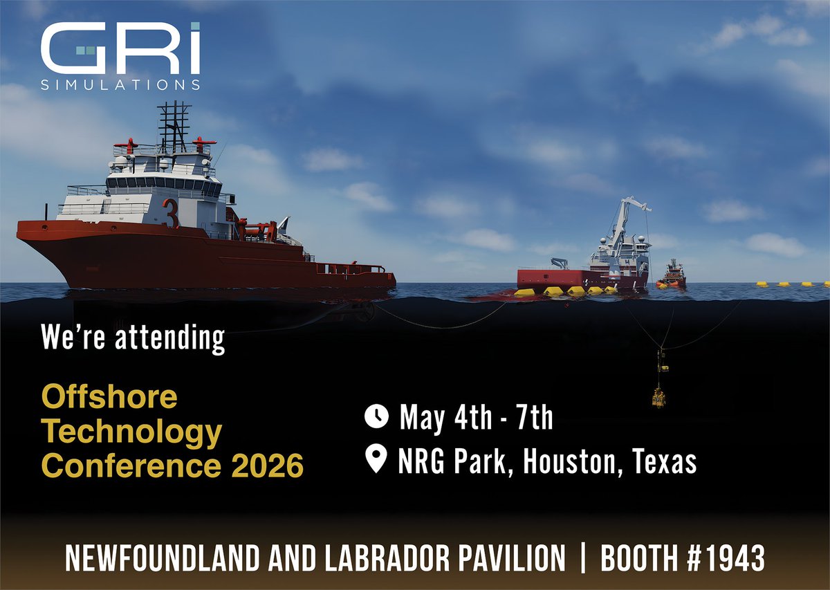 GRiSimulations's tweet photo. GRi Simulations will be exhibiting at OTC 2026 in Houston, May 4-7.

You can find us at booth 1943 as part of the Newfoundland and Labrador Pavilion!

If you are attending, stop by and meet our team!

#OTC2026 #Canada #ROV #digitaltwin #GRiSimulations @OTCevents https://t.co/9w7HvJ2n1i