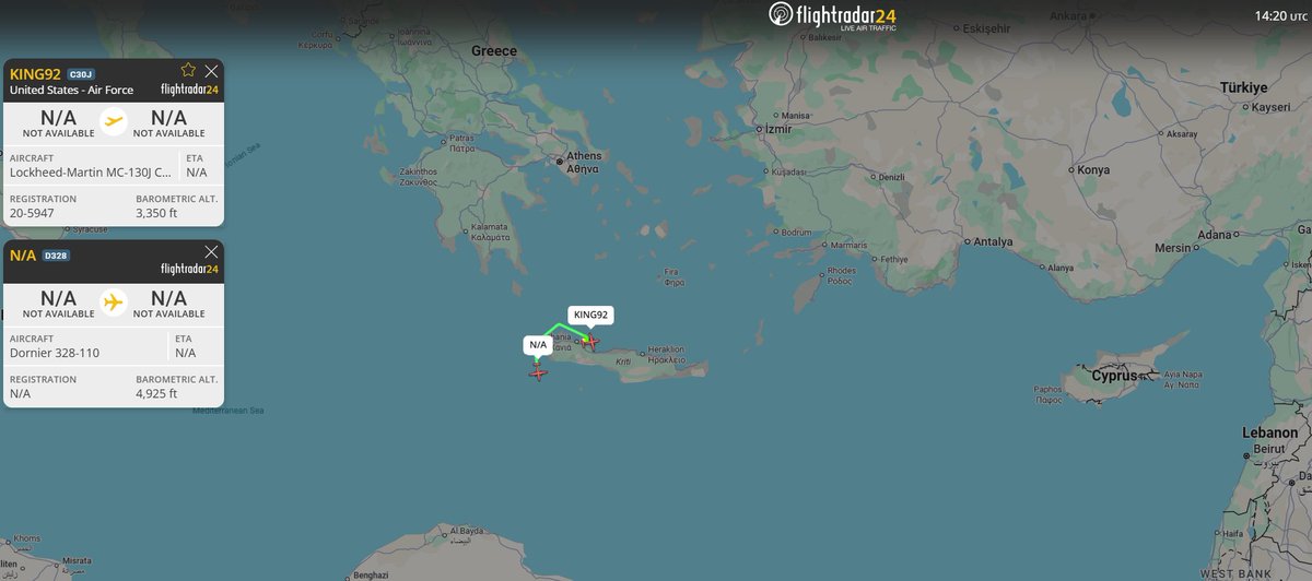 FrozenFrequency's tweet image. 3/ Update 

KING92 (20-5947) a U.S. Air Force MC-130J Commando II and also a Dornier 328 both tracking out of Chania.

All 3 of the original AFSOC aircraft I was tracking are now heading heading Middle East. 

#Iran