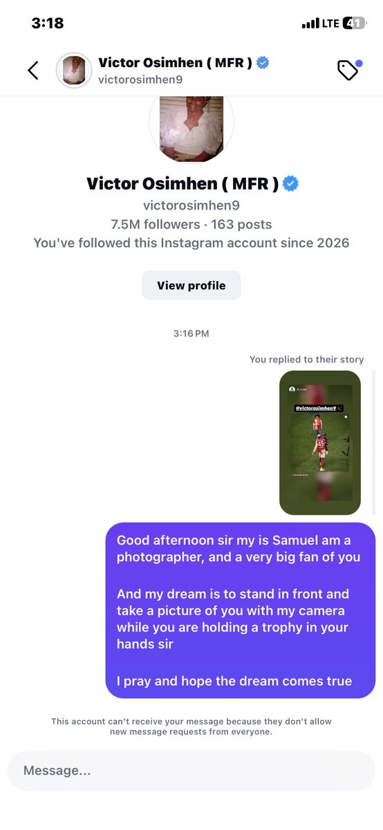 0kassed's tweet photo. @victorosimhen9 

Trying to reply your story on IG to tell you my dreams but seems it didn’t go through sir 
But I hope this get to you sir https://t.co/573Yc3CfhJ