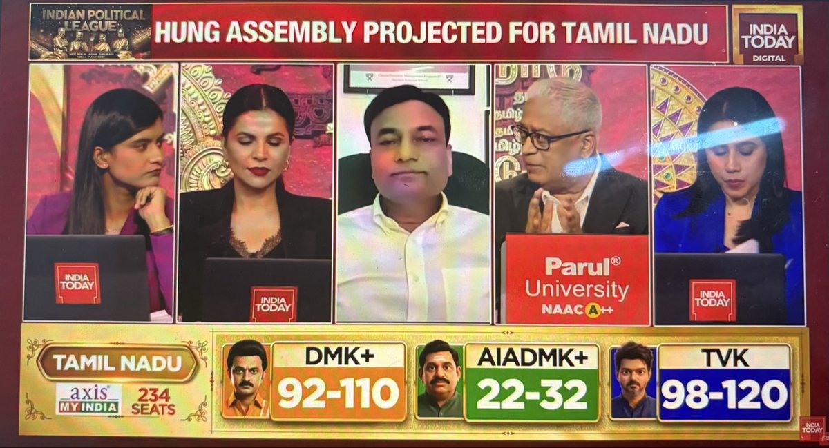MindVoices2's tweet photo. India Today #Exitpoll  axis MY INDIA

#DMK + 92-110 
#ADMK+ 22-32
#TVK     98-120 https://t.co/Jwr0GycmzD