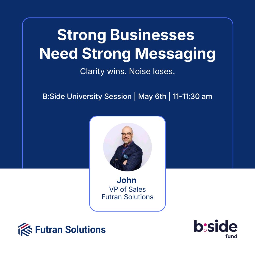 FutranSolutions's tweet photo. Strong businesses don’t struggle with capability, they struggle with clarity. 🗣️✨ Join John (VP, Futran Solutions) as he reveals how clear messaging fuels growth!

#BusinessGrowth #MessagingMatters #futransolutions https://t.co/FGCmBPW6Bv