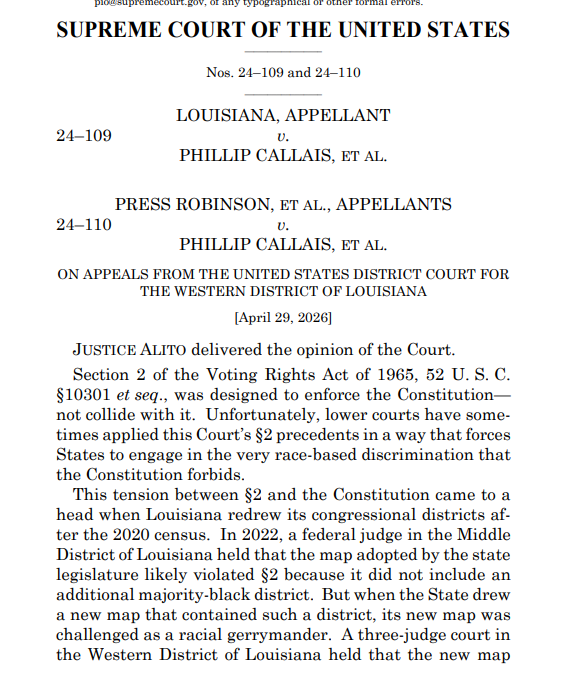 bykatiebuehler's tweet image. CORRECTED: BREAKING: BREAKING: A 6-3 Supreme Court STRIKES DOWN Louisiana’s congressional map that contains two majority-Black voting districts, and further limited the Voting Rights Act. #SCOTUS supremecourt.gov/opinions/25pdf…