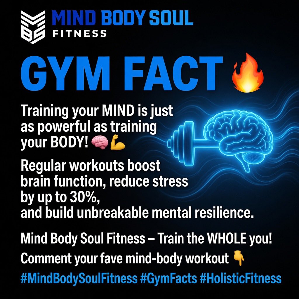 MBandSFITNESS's tweet photo. 🧠 Did you know training your mind is just as powerful as training your body? Regular workouts boost brainpower, slash stress, and build mental toughness! At Mind Body Soul Fitness, we don’t just sculpt muscles — we level up your entire self. 
#MindBodySoulFitness #GymFacts https://t.co/DTH4pah4Rw