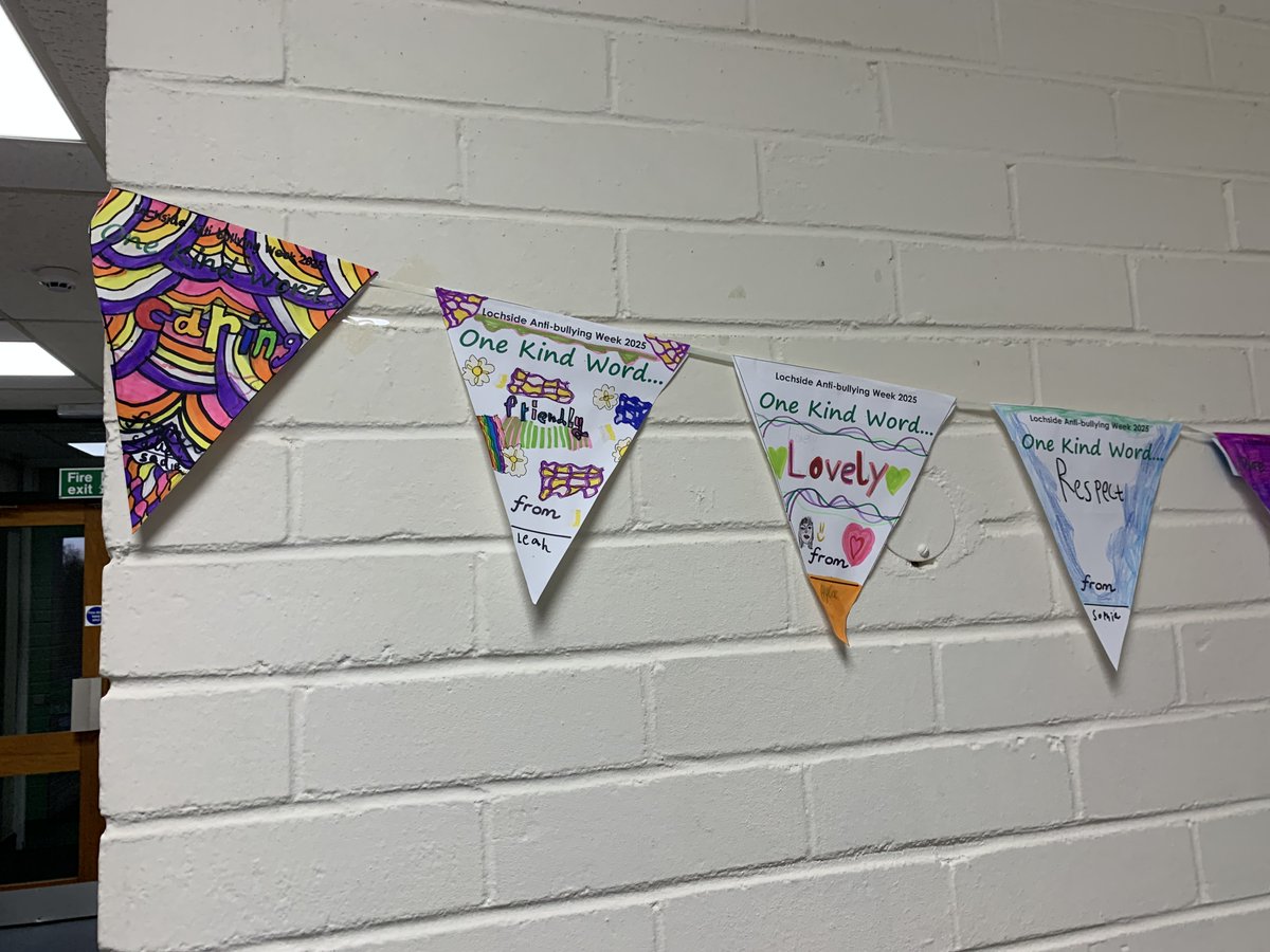 LochsidePS's tweet photo. @_respectme_   Anti-Bullying Week 2025.  Our One Kind Word bunting hangs proudly in our corridors for everyone to see, and hopefully make them smile. From P3-7, every learner created a flag; a Lochside learner is an effective contributor. @LochsidePS https://t.co/0ccJ3ry2f1